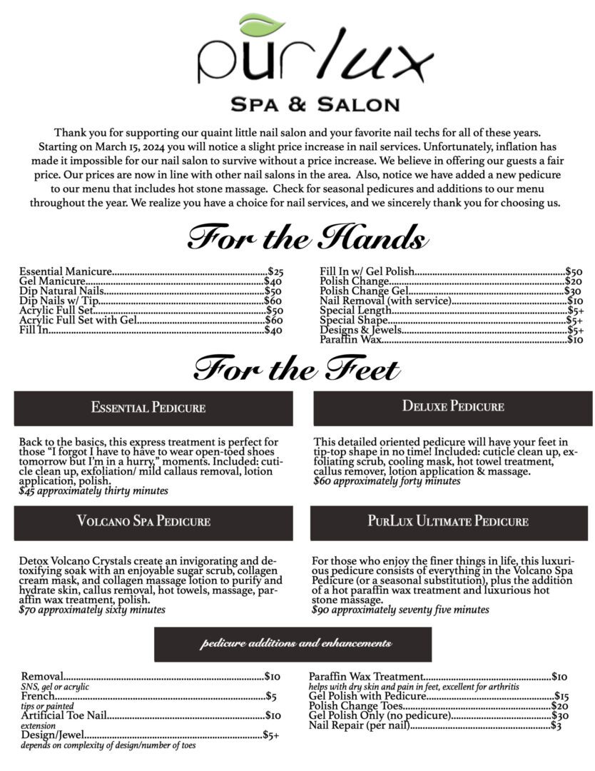 A page of the spa and salon menu.